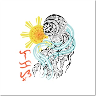 Tribal line Art Jellyfish / Baybayin word Lakas (Strength) Posters and Art